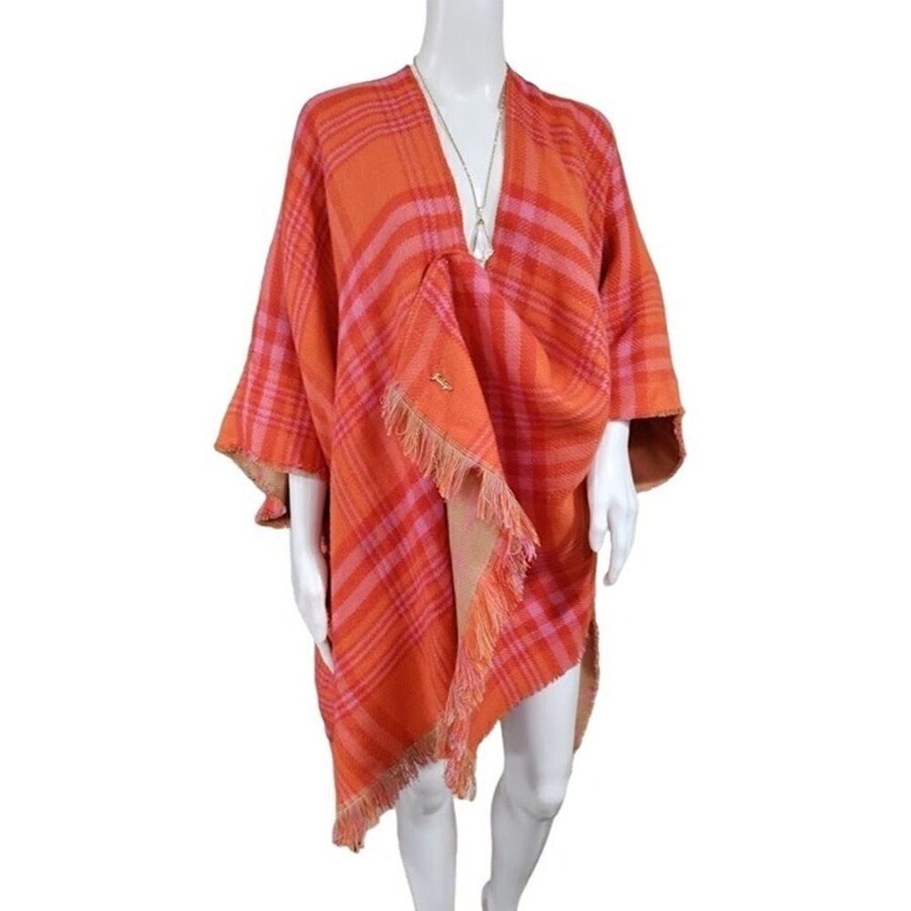 NWT Juicy Couture Reversible Fringe Hem Plaid Ruana Poncho Beige Tan Women's OS